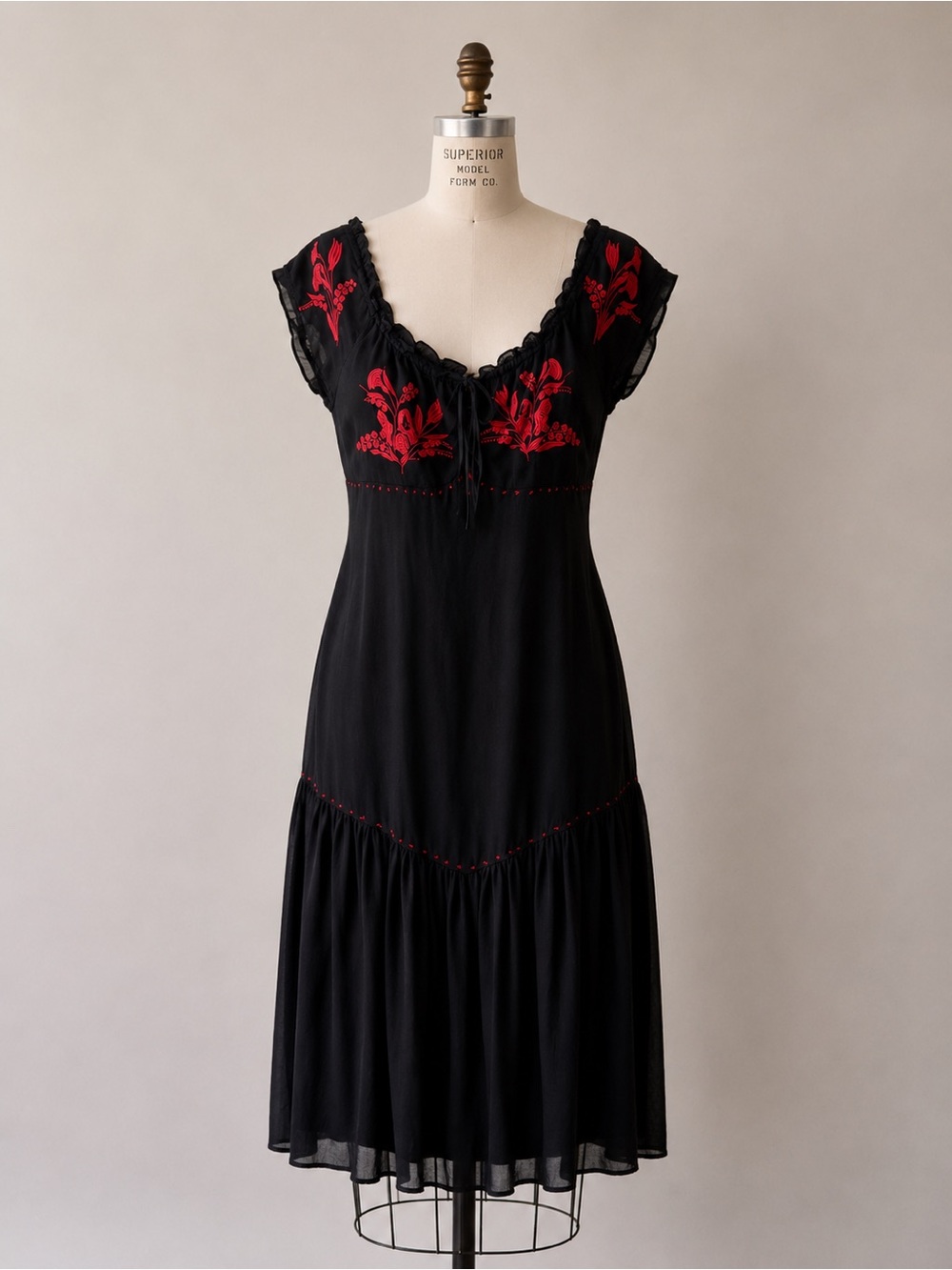 Black Silk Embroidered Midi Dress – Vintage-Inspired Boho